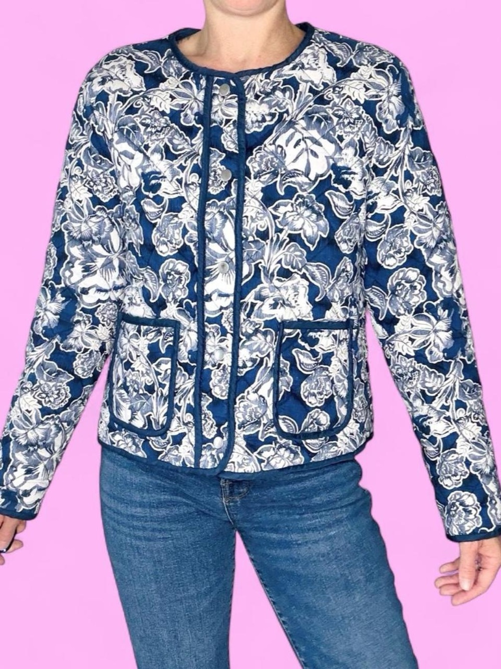 Rachel Zoe Navy Blue & White Floral Quilted Jacket